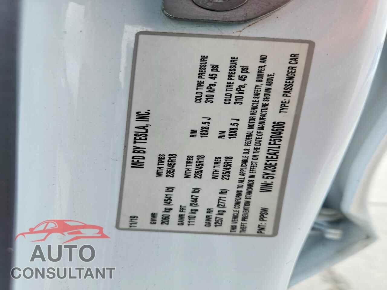 TESLA MODEL 3 2020 - 5YJ3E1EA7LF504606