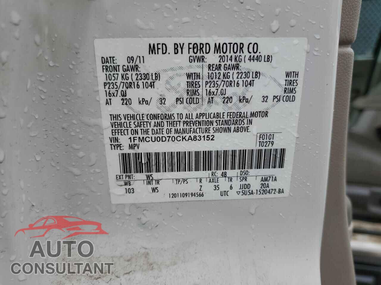 FORD ESCAPE 2012 - 1FMCU0D70CKA83152