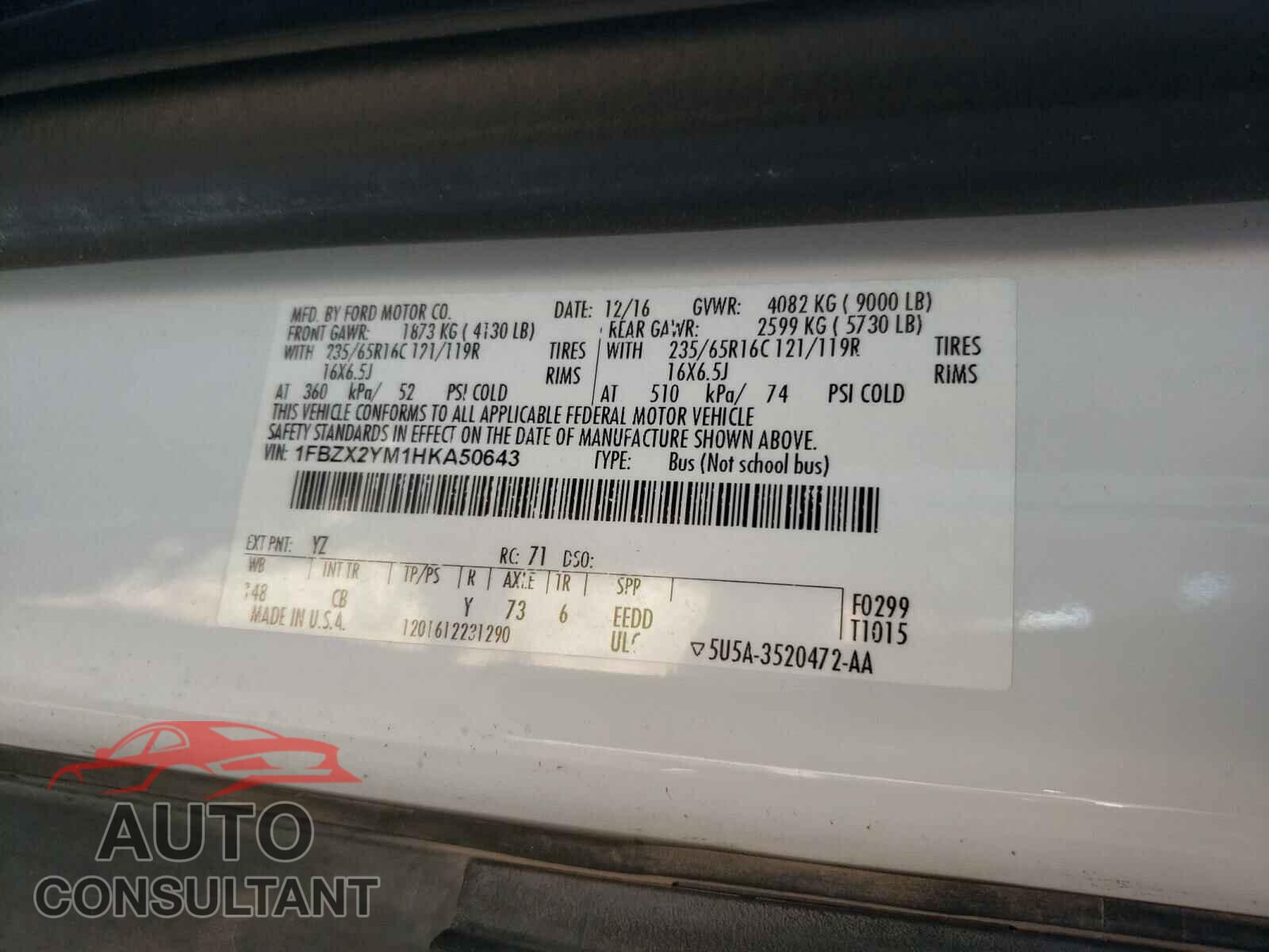 FORD TRANSIT CO 2017 - 1FBZX2YM1HKA50643