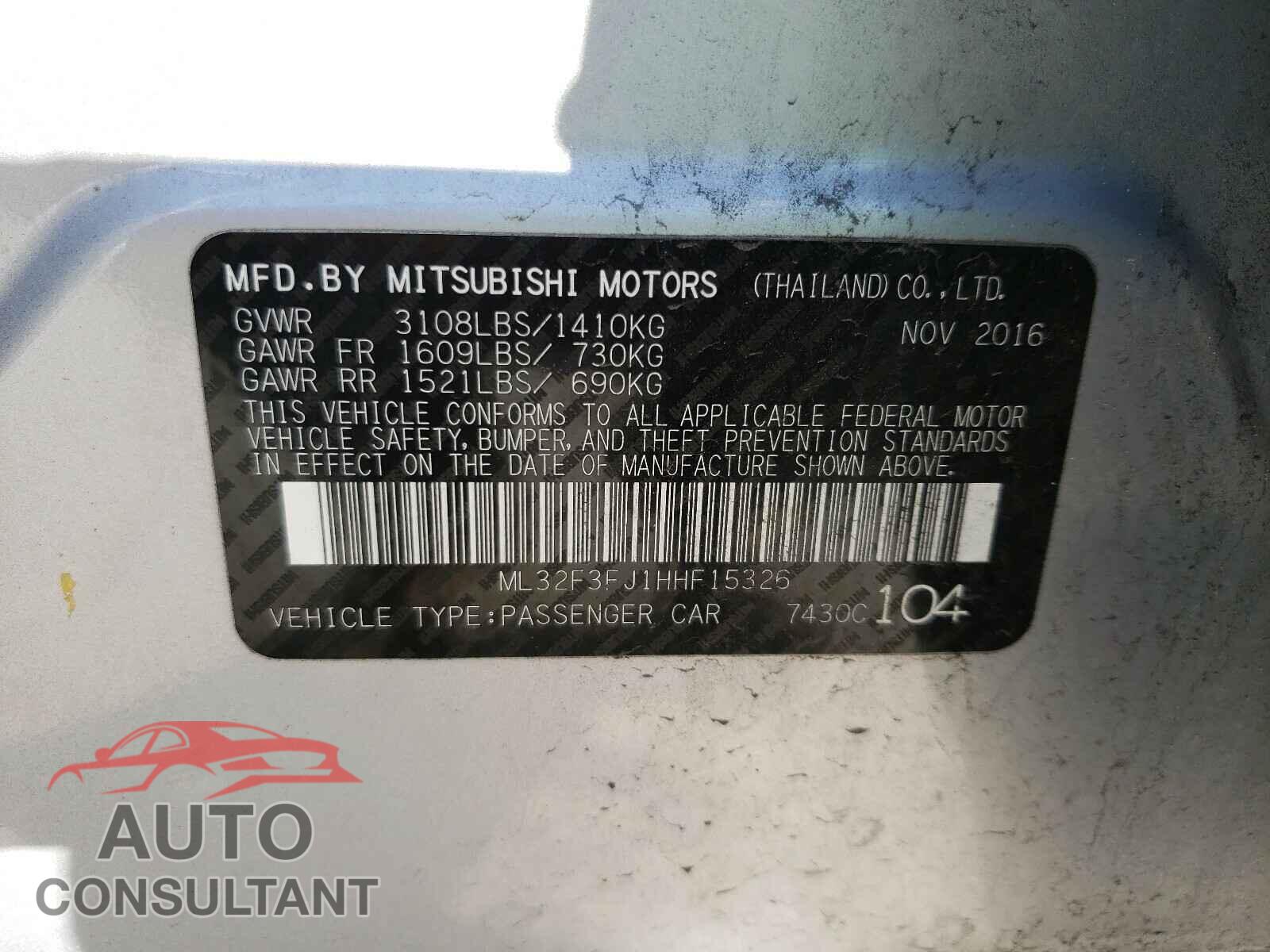MITSUBISHI MIRAGE 2017 - ML32F3FJ1HHF15326