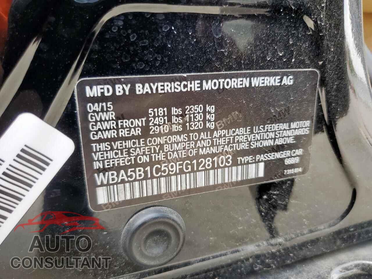 BMW 5 SERIES 2015 - WBA5B1C59FG128103
