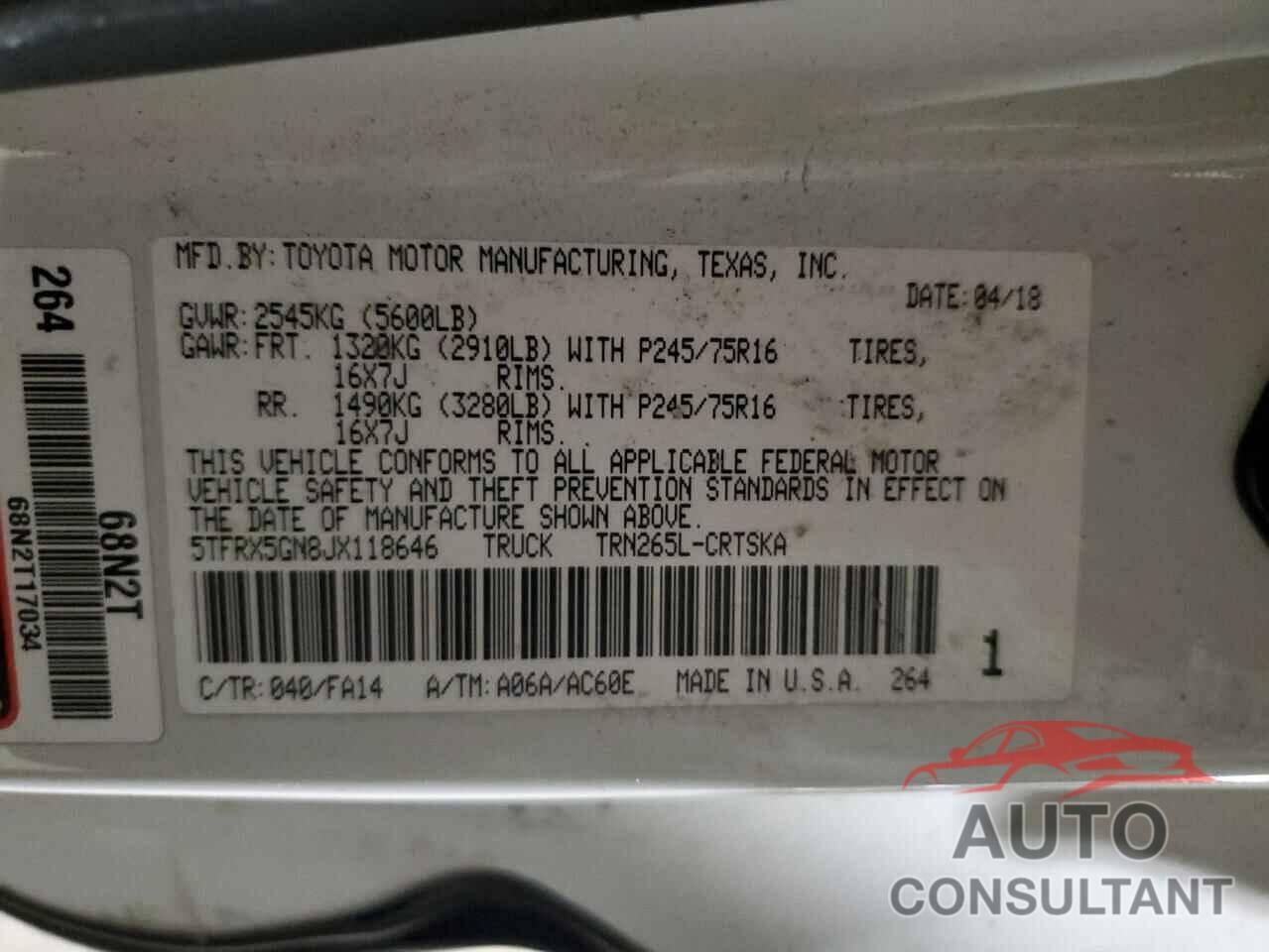 TOYOTA TACOMA 2018 - 5TFRX5GN8JX118646