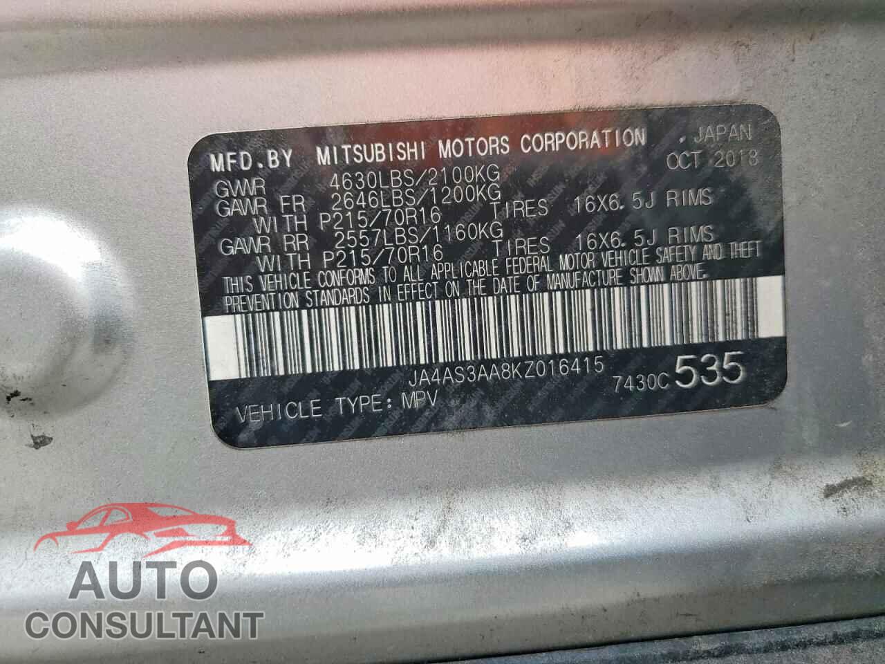 MITSUBISHI ECLIPSE 2019 - JA4AS3AA8KZ016415