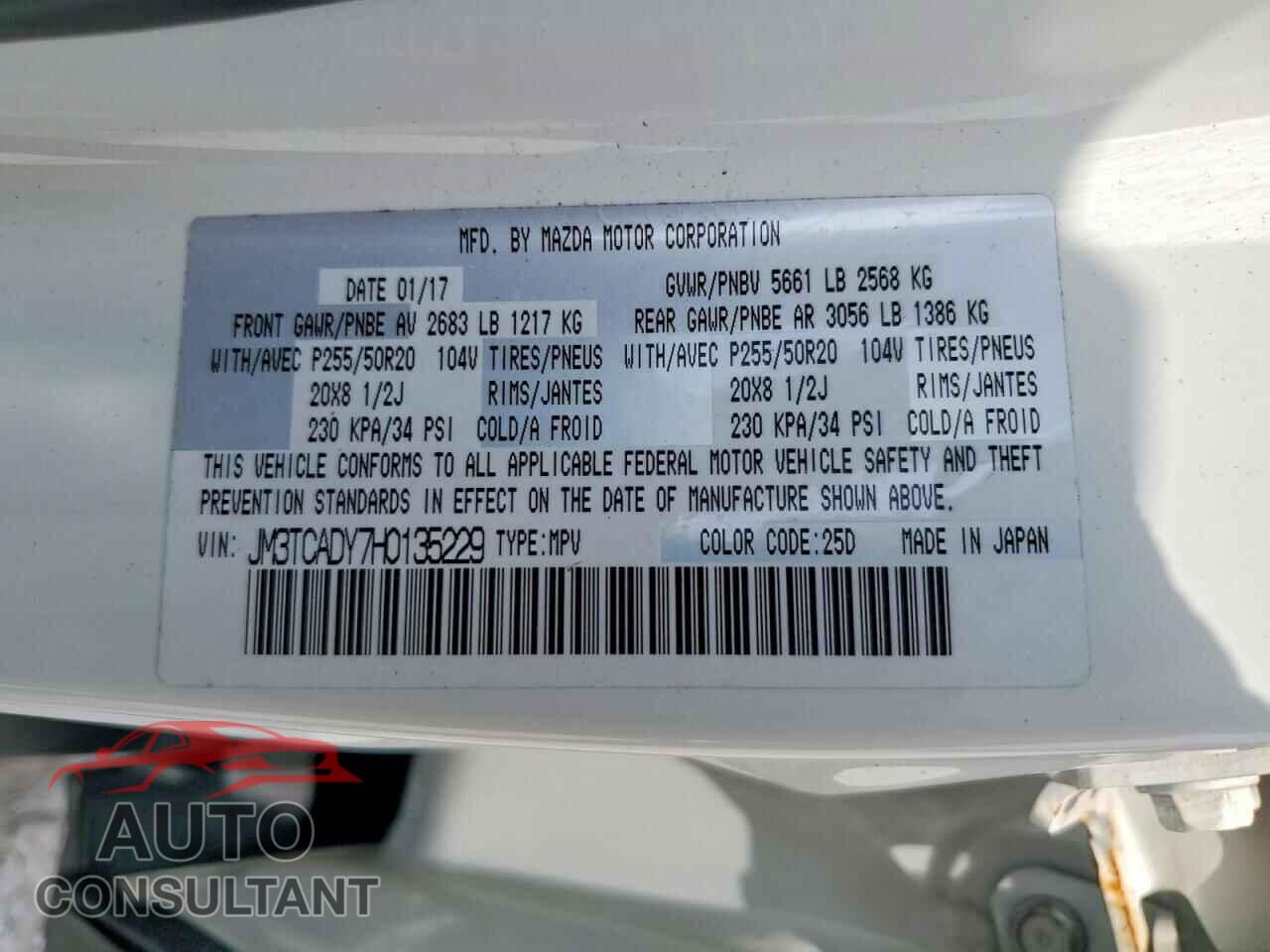 MAZDA CX-9 2017 - JM3TCADY7H0135229