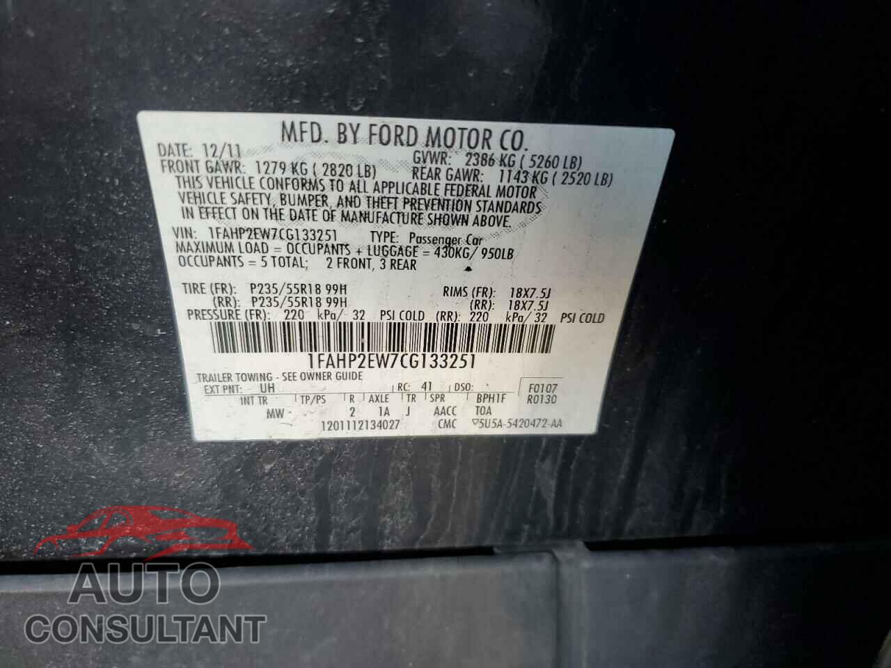 FORD TAURUS 2012 - 1FAHP2EW7CG133251