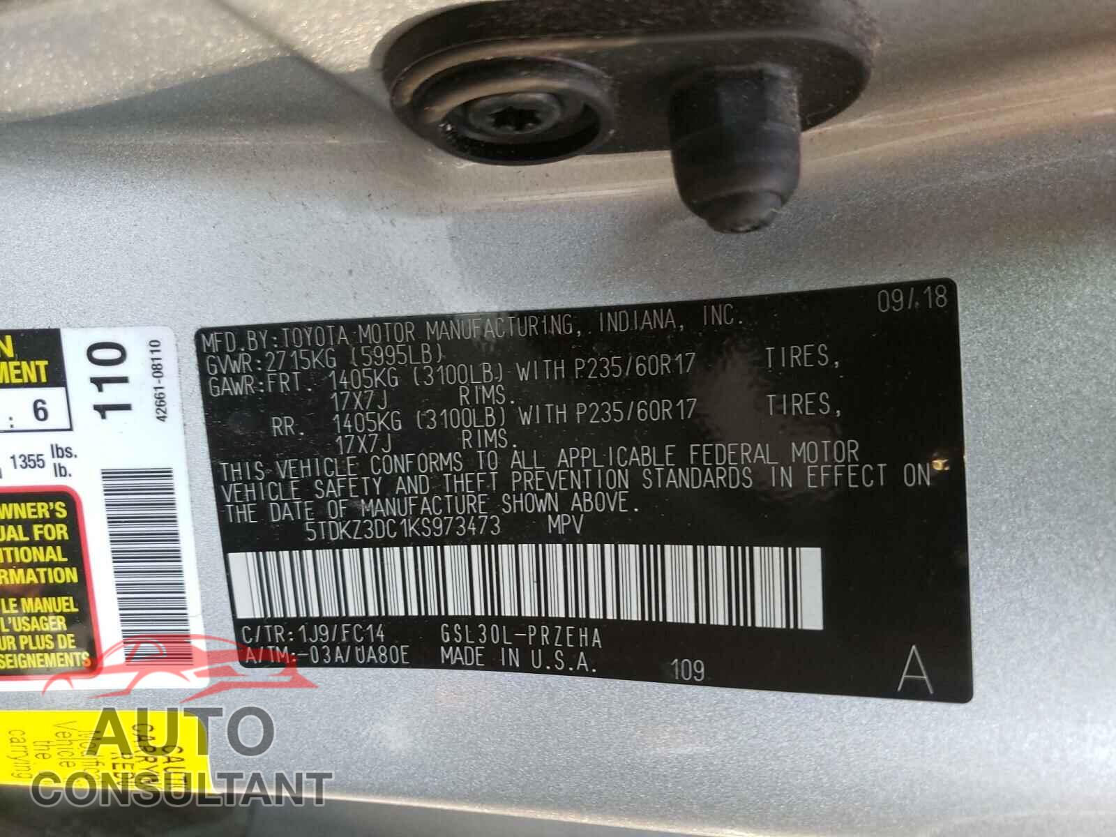 TOYOTA SIENNA 2019 - 5TDKZ3DC1KS973473