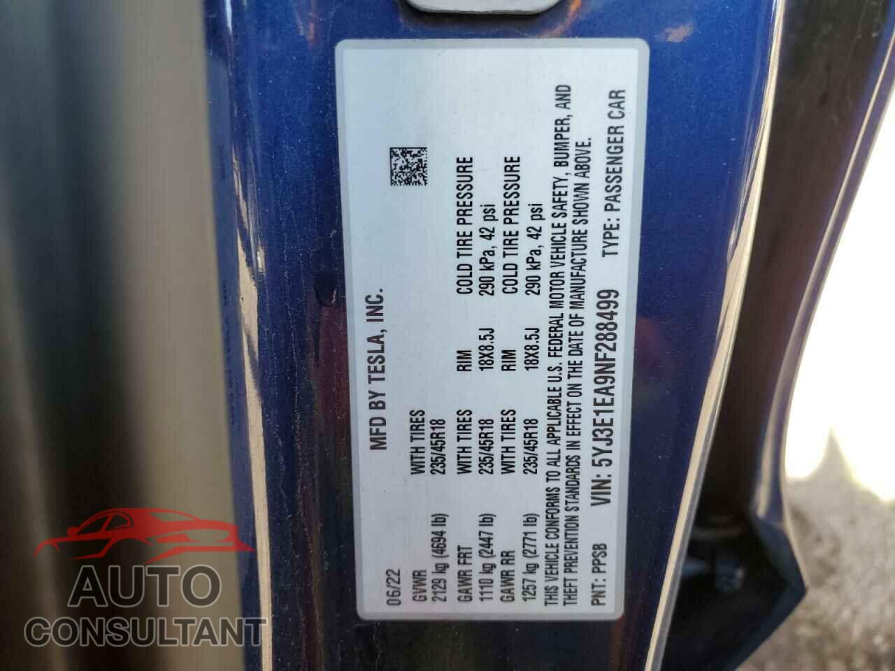 TESLA MODEL 3 2022 - 5YJ3E1EA9NF288499