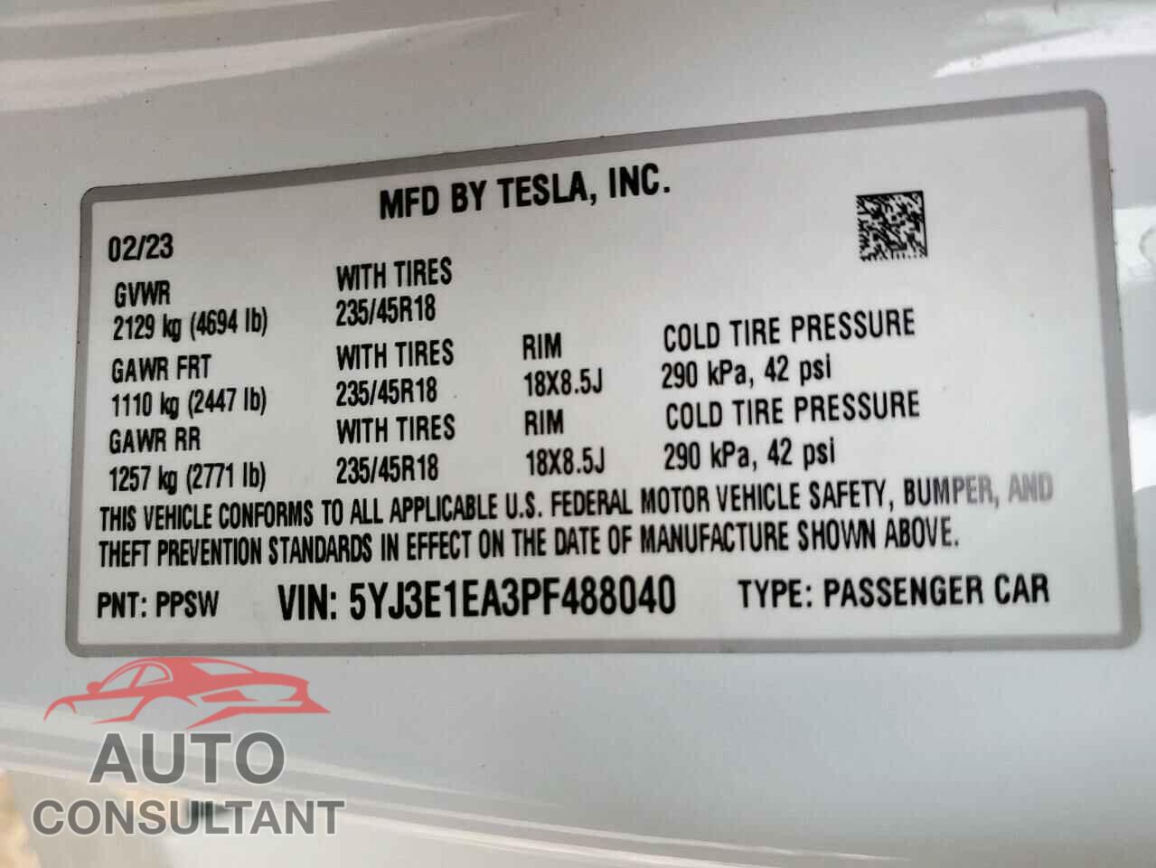 TESLA MODEL 3 2023 - 5YJ3E1EA3PF488040