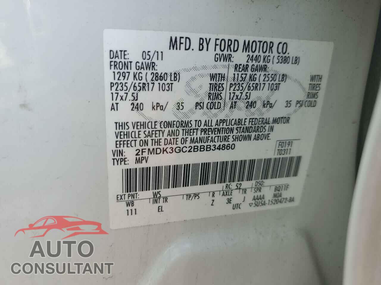 FORD EDGE 2011 - 2FMDK3GC2BBB34860