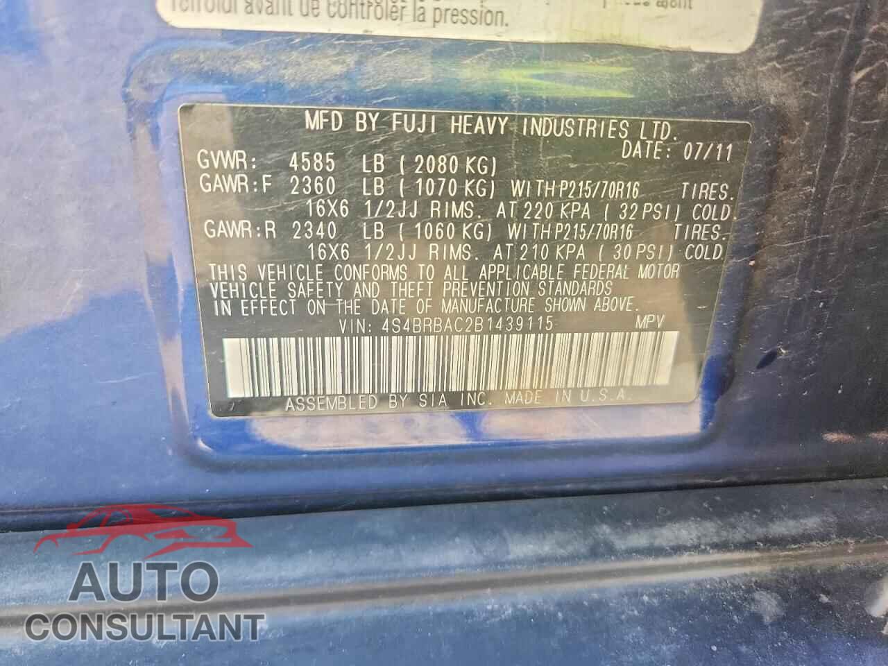 SUBARU OUTBACK 2011 - 4S4BRBAC2B1439115