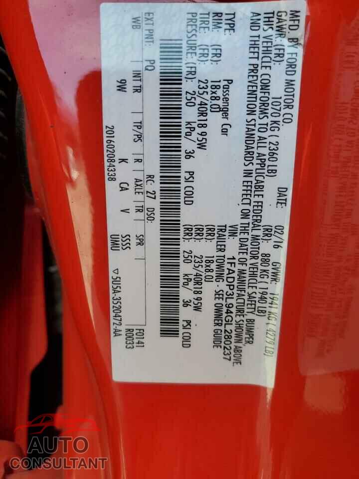 FORD FOCUS 2016 - 1FADP3L94GL280237