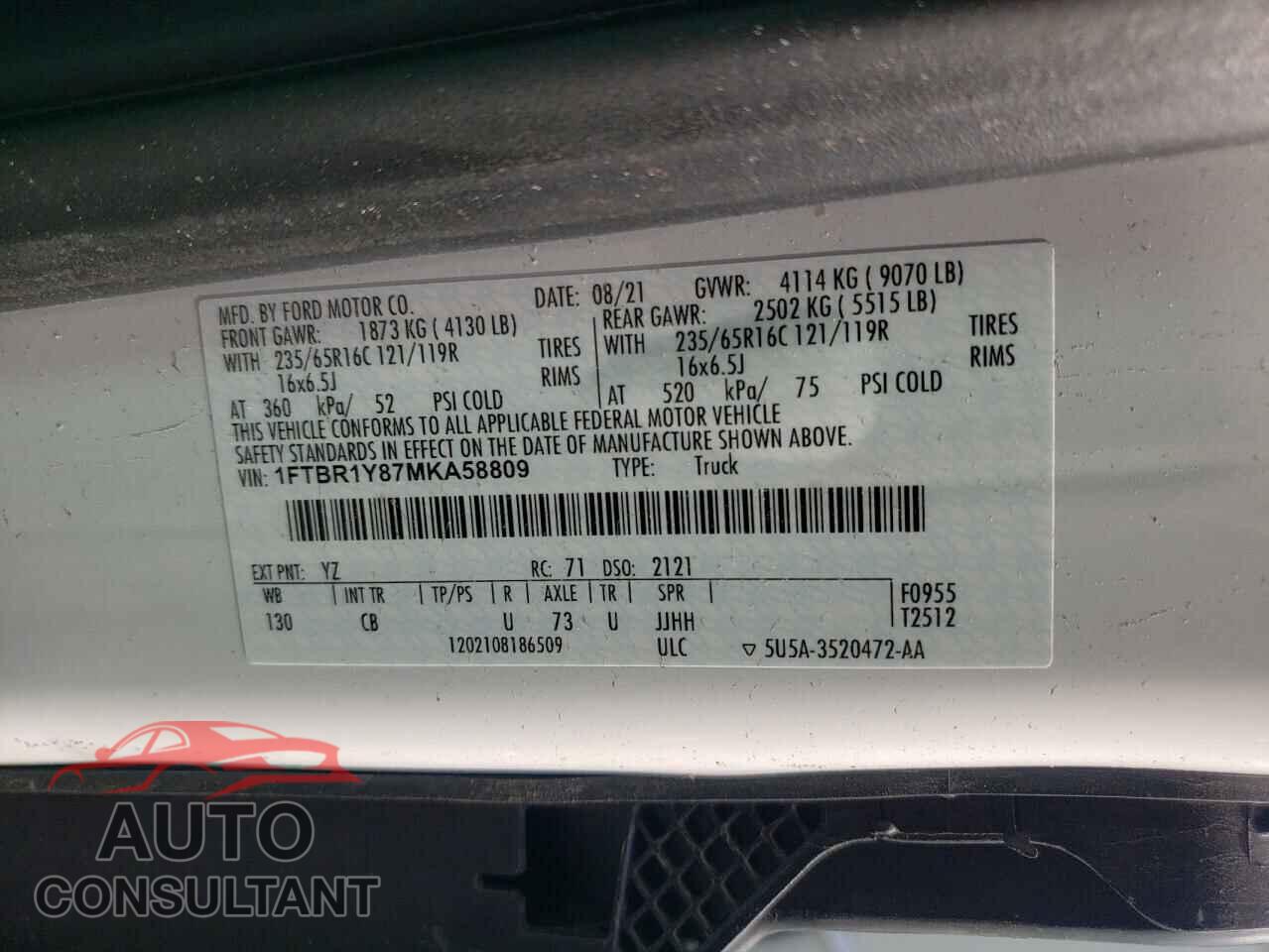 FORD TRANSIT 2021 - 1FTBR1Y87MKA58809