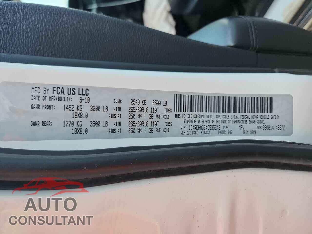 DODGE DURANGO 2019 - 1C4RDHAG2KC535242