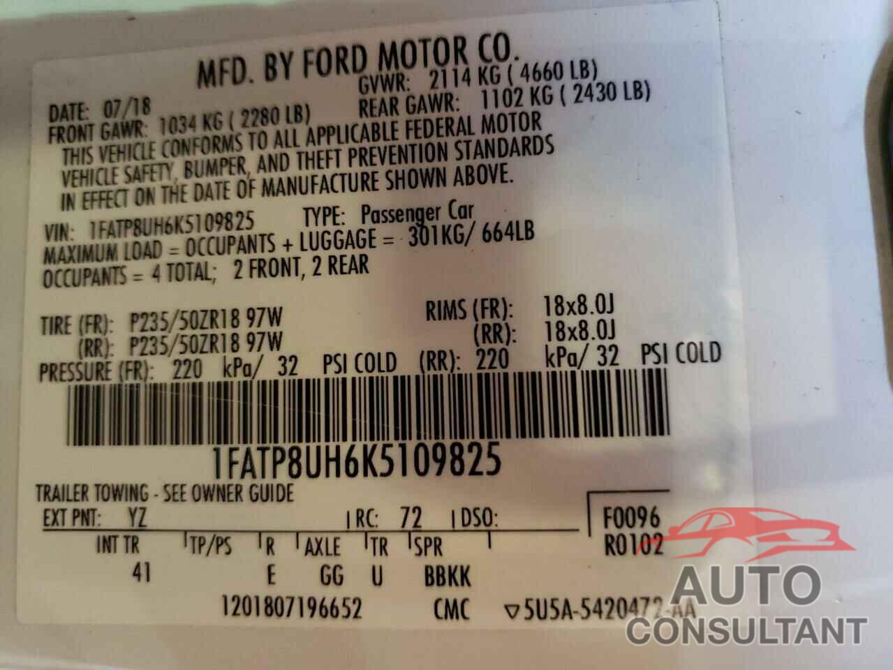 FORD MUSTANG 2019 - 1FATP8UH6K5109825