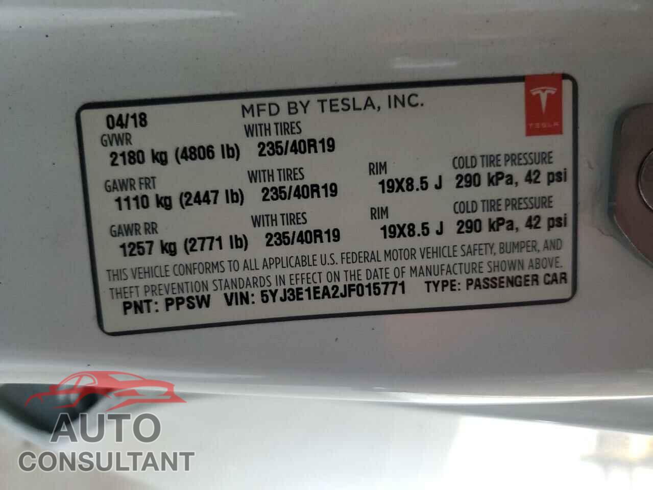 TESLA MODEL 3 2018 - 5YJ3E1EA2JF015771