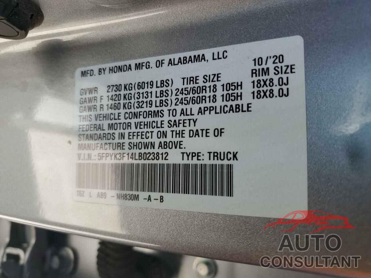 HONDA RIDGELINE 2020 - 5FPYK3F14LB023812