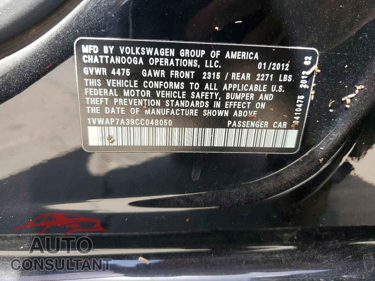 VOLKSWAGEN PASSAT 2012 - 1VWAP7A39CC048050