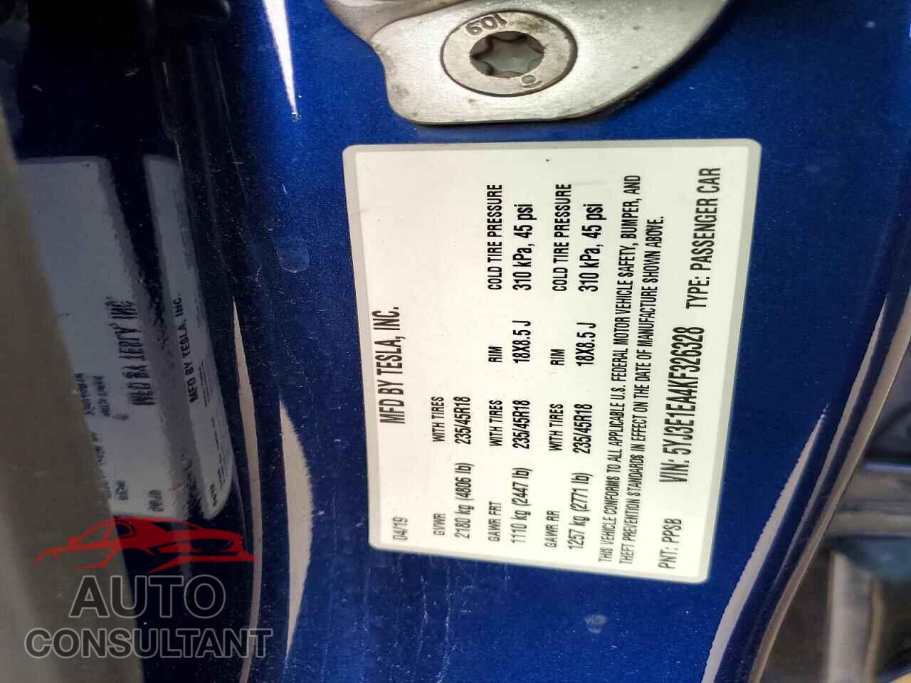 TESLA MODEL 3 2019 - 5YJ3E1EA4KF326328