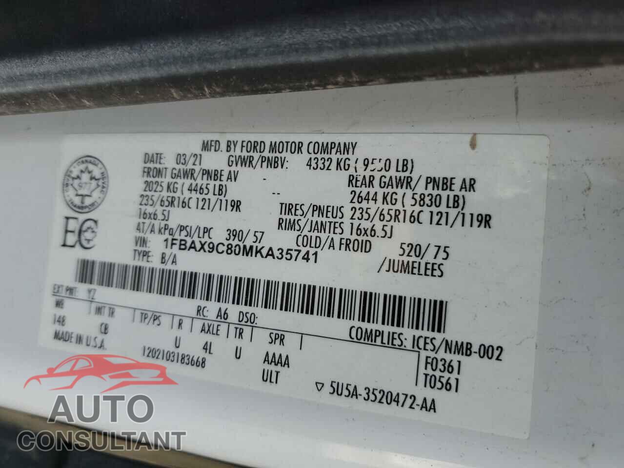 FORD TRANSIT 2021 - 1FBAX9C80MKA35741