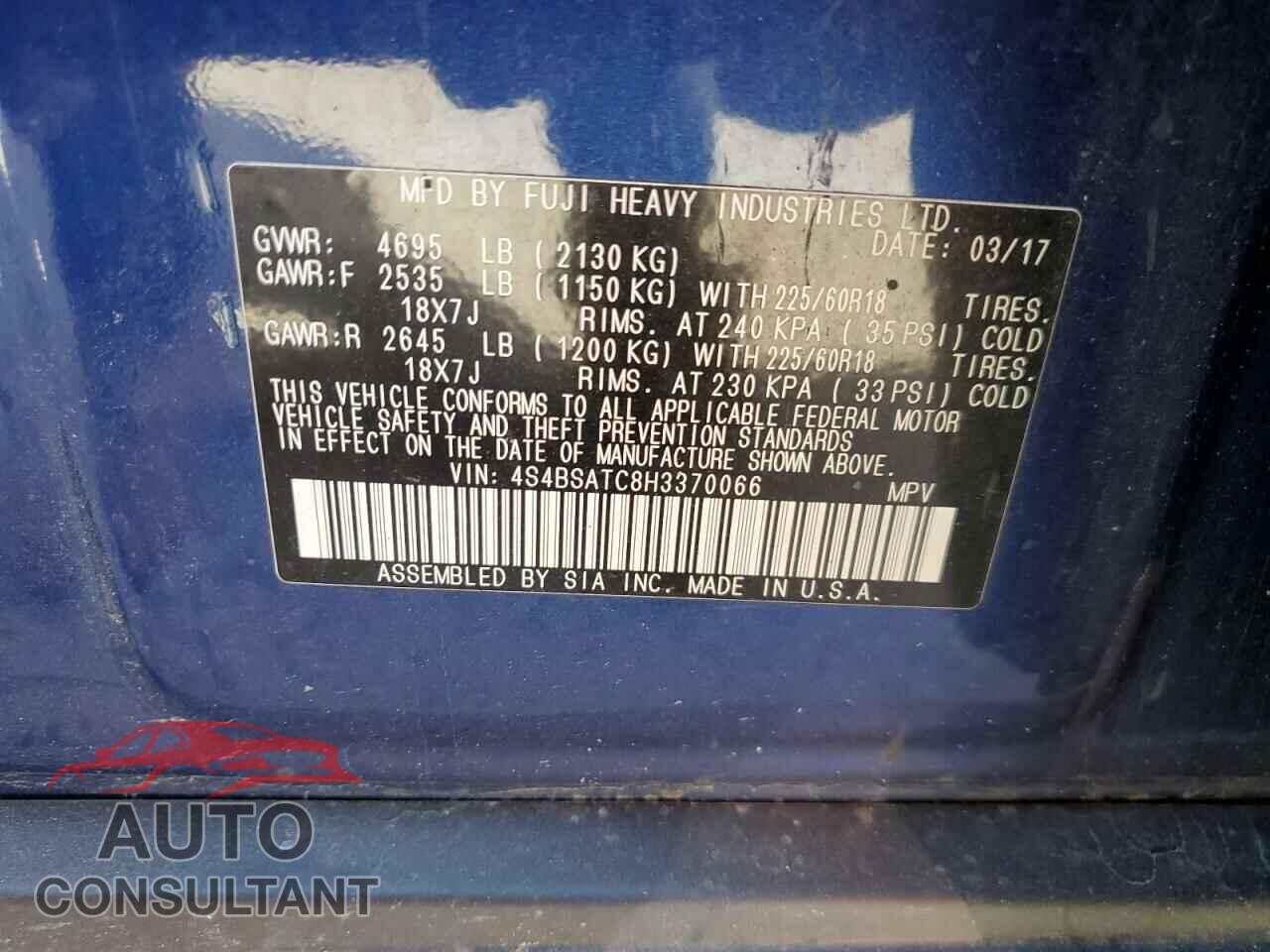 SUBARU OUTBACK 2017 - 4S4BSATC8H3370066