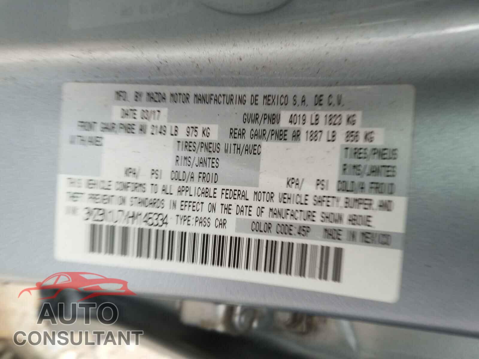 MAZDA 3 2017 - 3MZBN1U7XHM145334