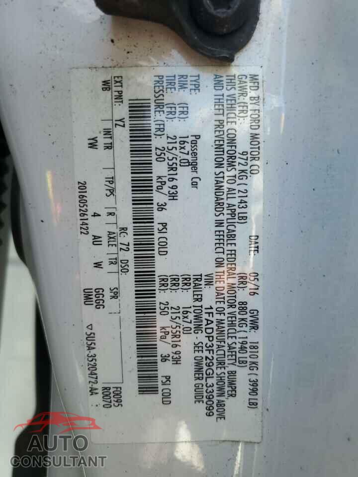 FORD FOCUS 2016 - 1FADP3F29GL339099