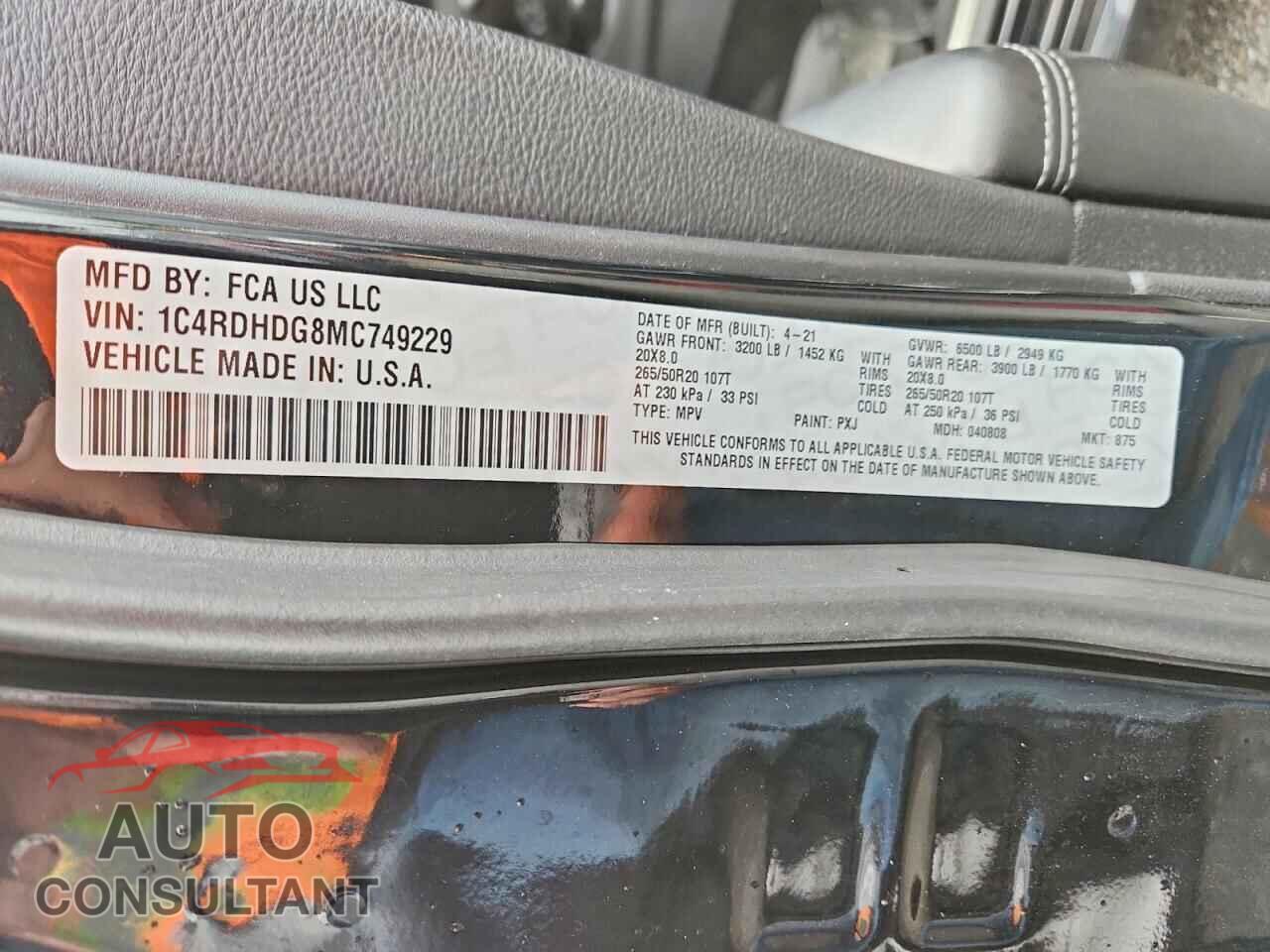 DODGE DURANGO 2021 - 1C4RDHDG8MC749229