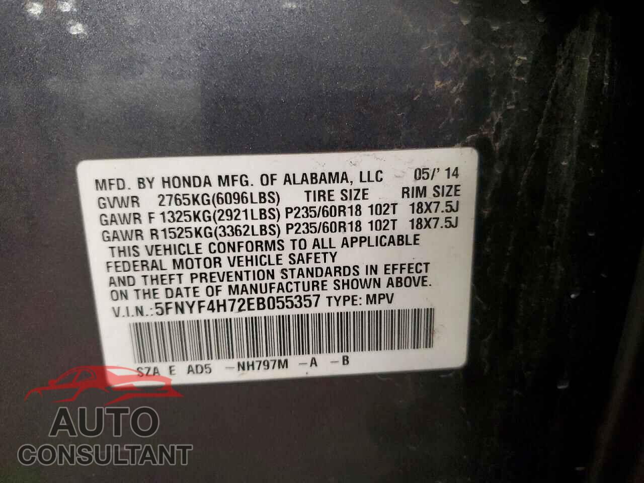 HONDA PILOT 2014 - 5FNYF4H72EB055357