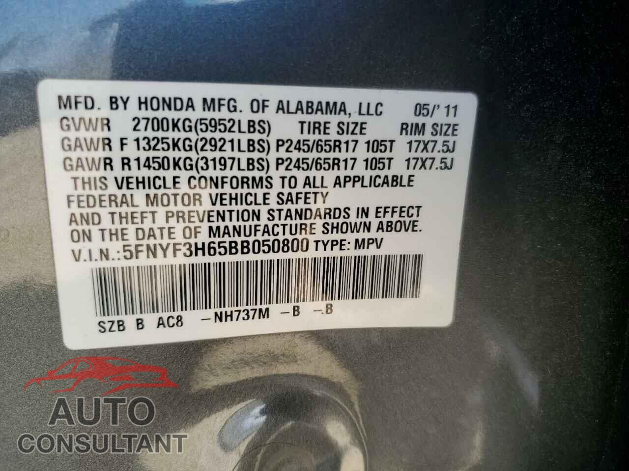 HONDA PILOT 2011 - 5FNYF3H65BB050800