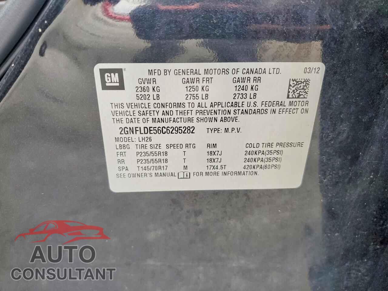 CHEVROLET EQUINOX 2012 - 2GNFLDE56C6295282