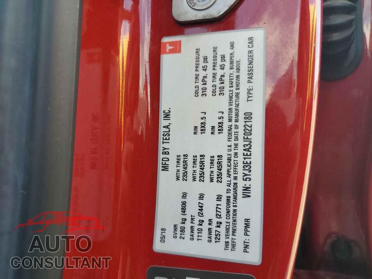 TESLA MODEL 3 2018 - 5YJ3E1EA3JF022180