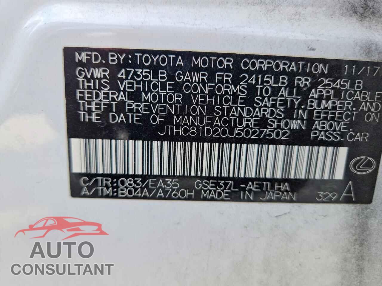 LEXUS IS 2018 - JTHC81D20J5027502