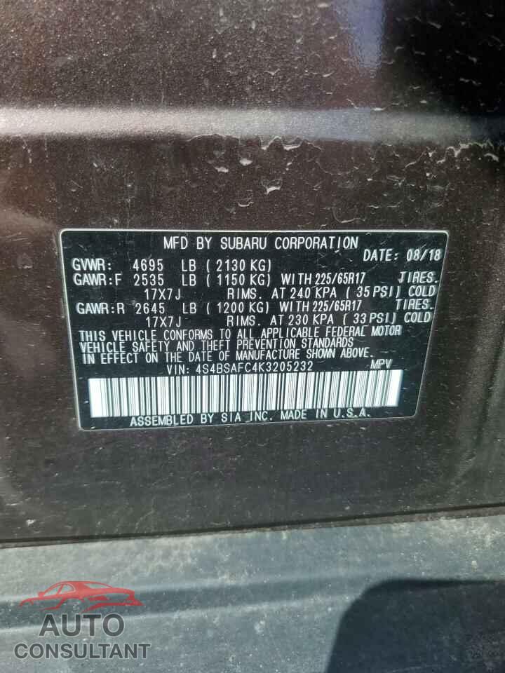 SUBARU OUTBACK 2019 - 4S4BSAFC4K3205232