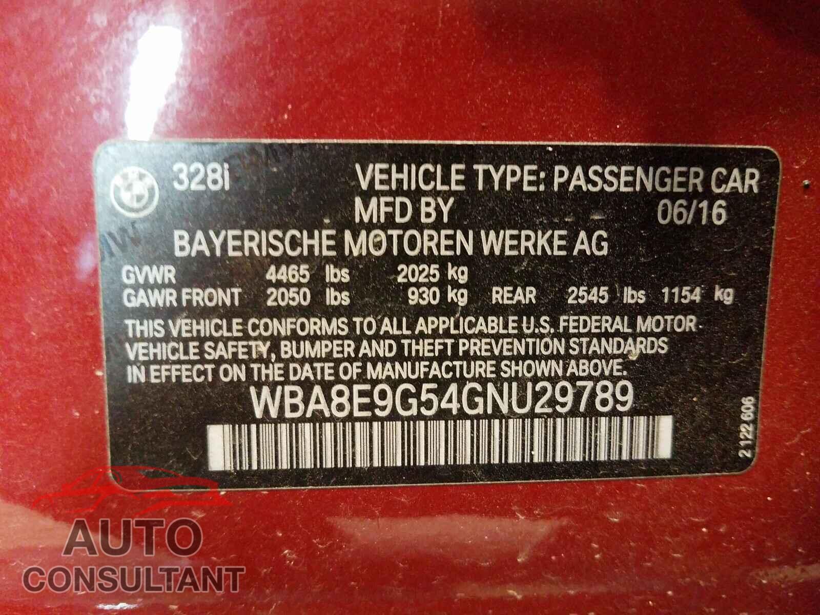 BMW 3 SERIES 2016 - WBA8E9G54GNU29789