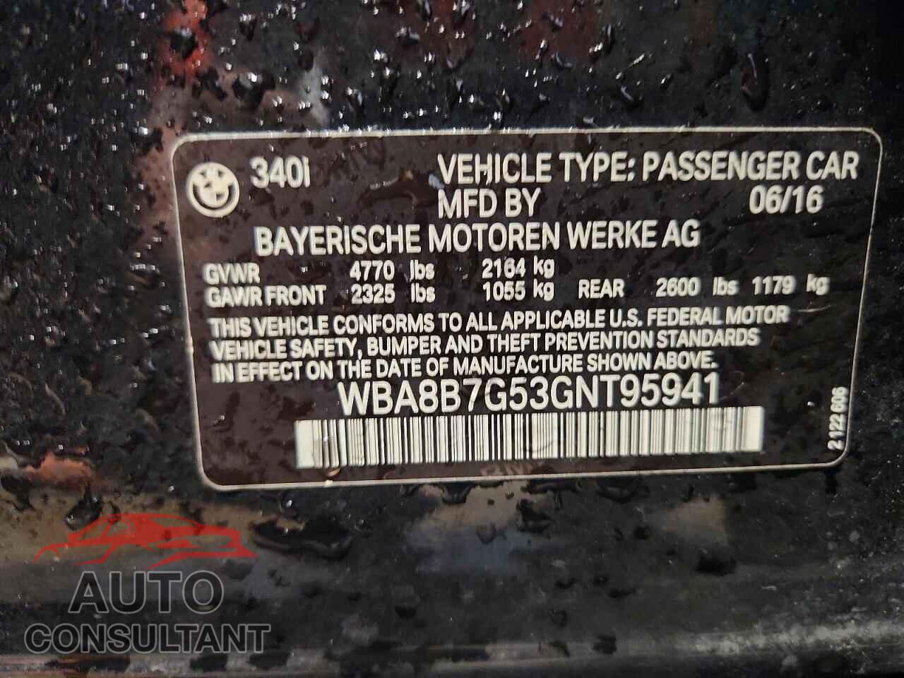 BMW 3 SERIES 2016 - WBA8B7G53GNT95941