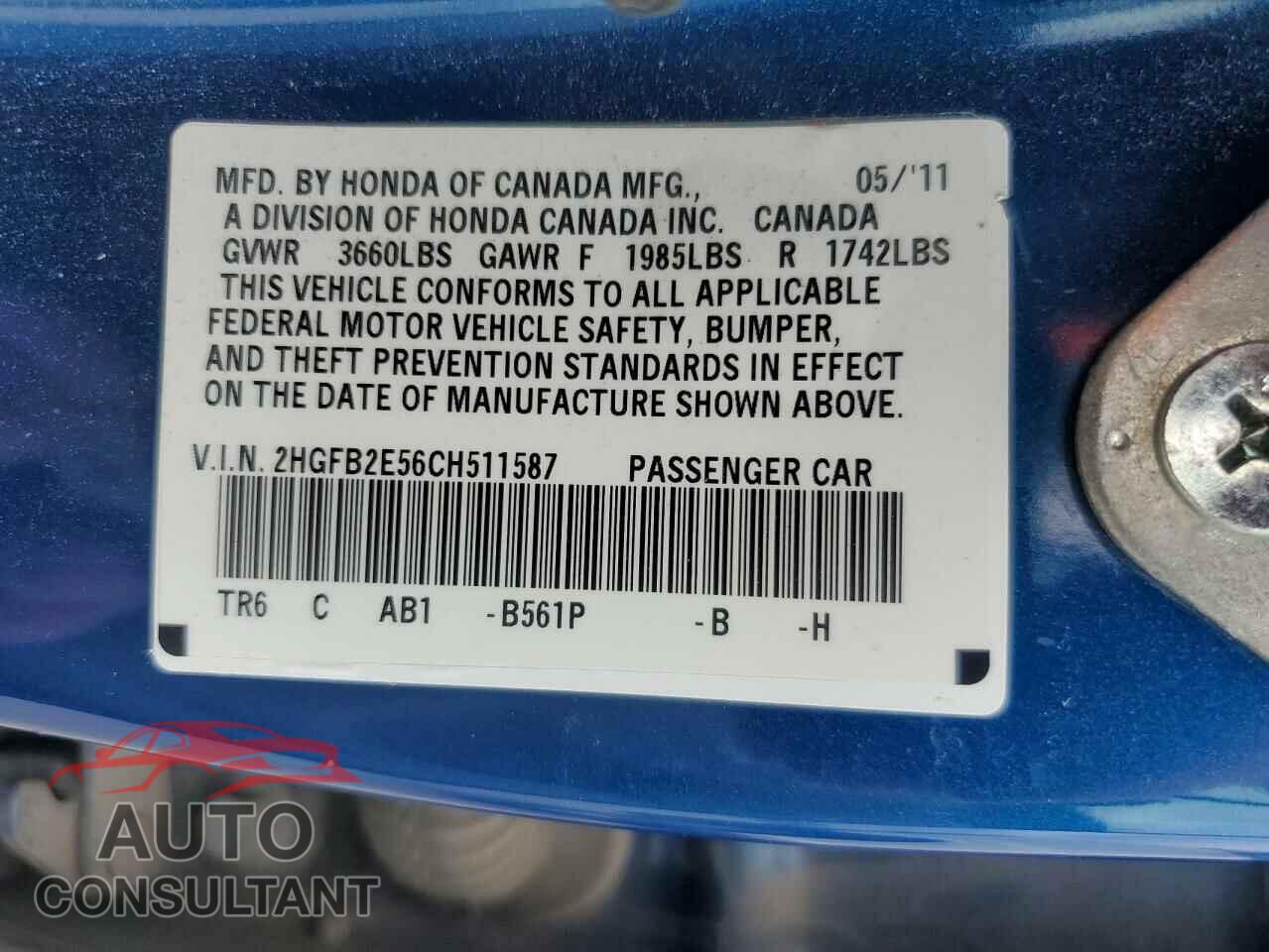 HONDA CIVIC 2012 - 2HGFB2E56CH511587