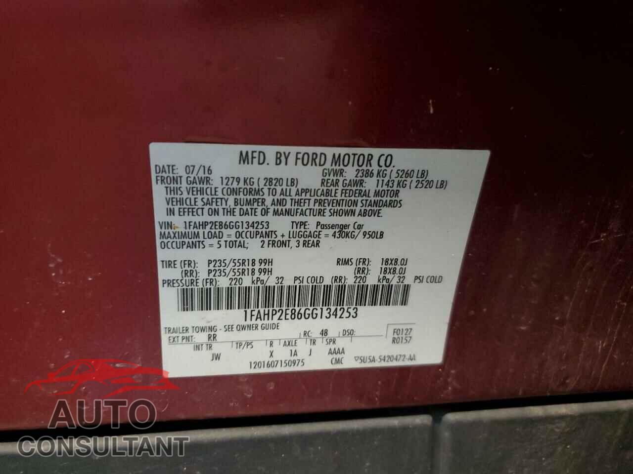 FORD TAURUS 2016 - 1FAHP2E86GG134253