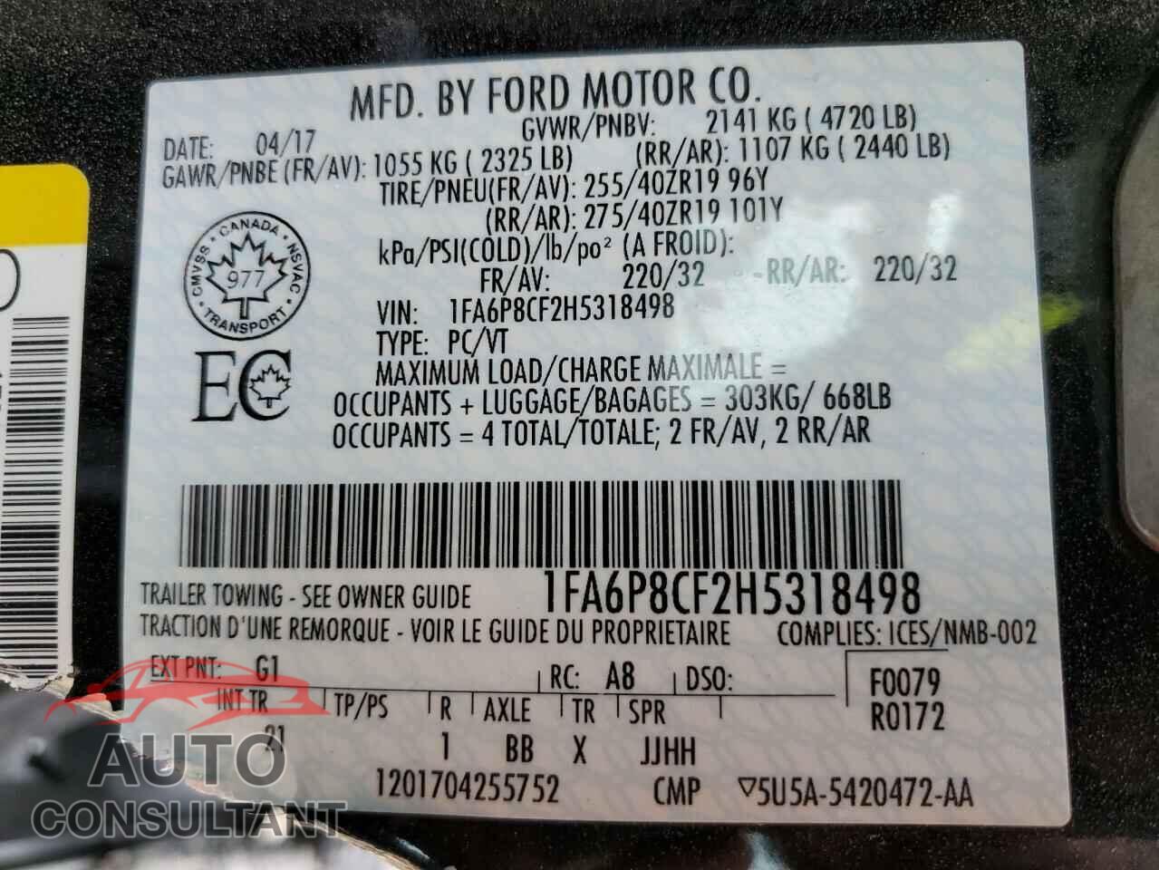 FORD MUSTANG 2017 - 1FA6P8CF2H5318498