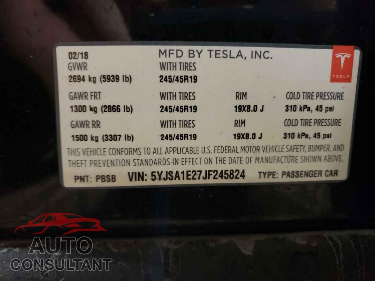 TESLA MODEL S 2018 - 5YJSA1E27JF245824