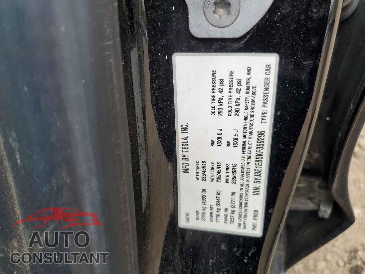TESLA MODEL 3 2019 - 5YJ3E1EB5KF359296