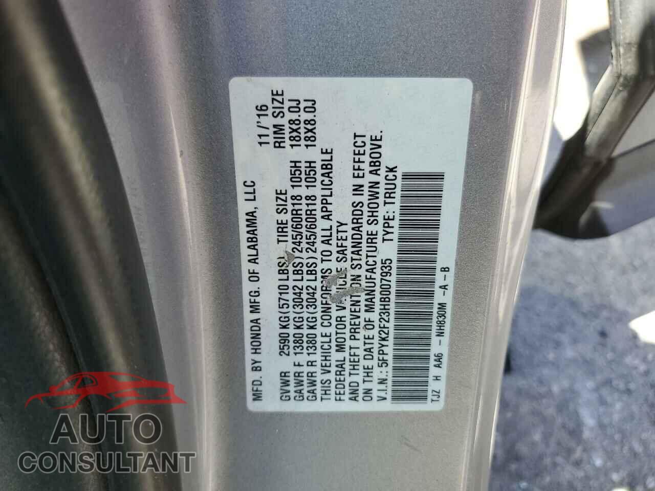 HONDA RIDGELINE 2017 - 5FPYK2F23HB007935