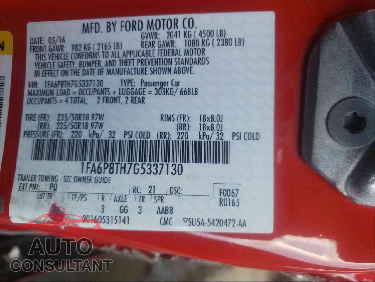 FORD MUSTANG 2016 - 1FA6P8TH7G5337130