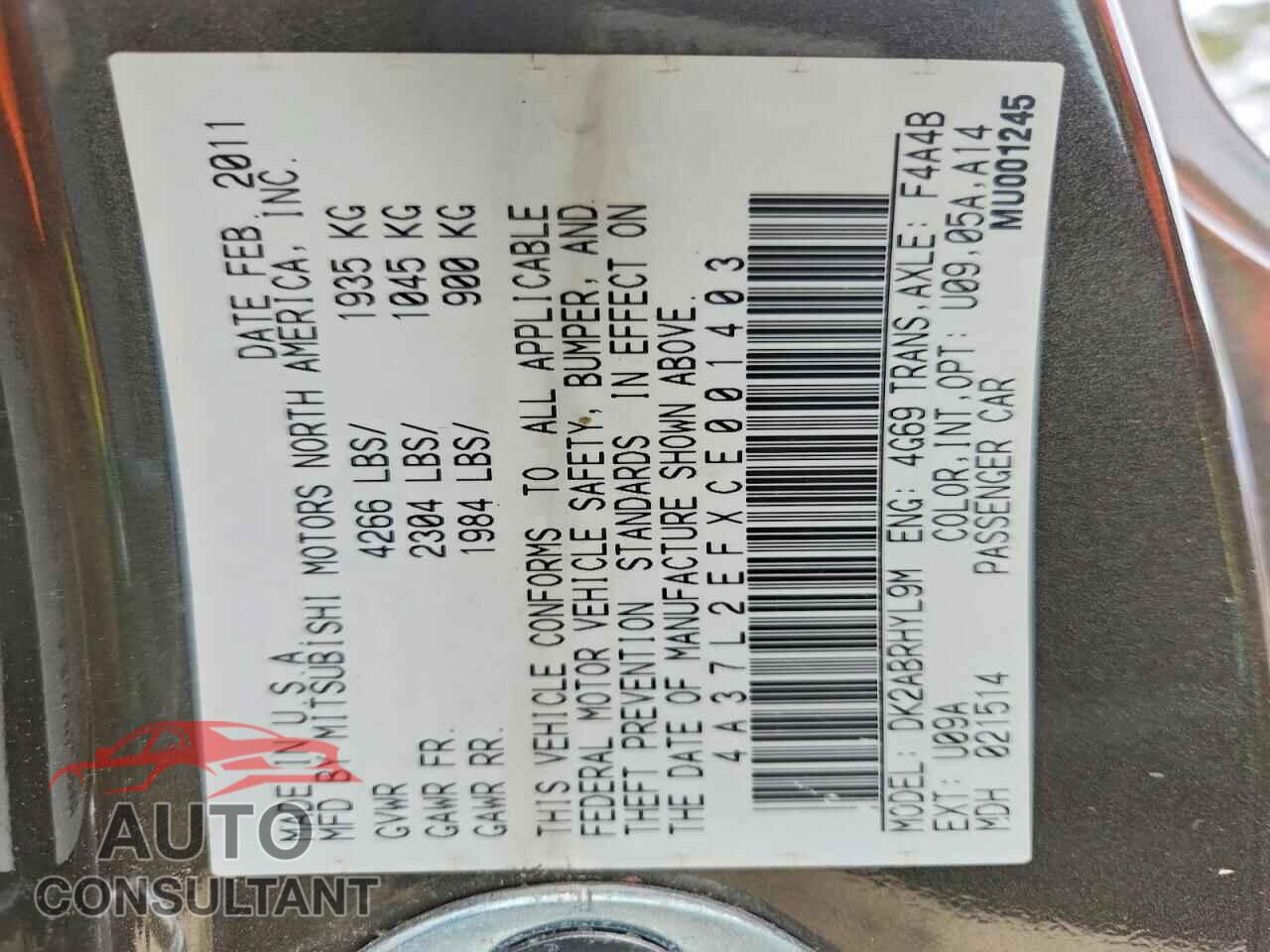 MITSUBISHI ECLIPSE 2012 - 4A37L2EFXCE001403