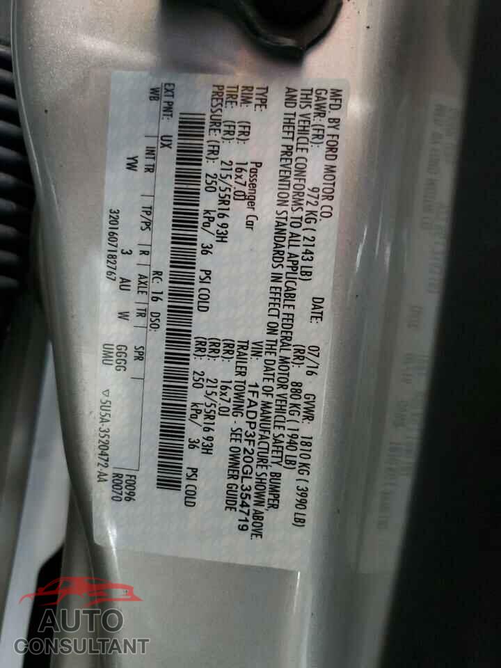 FORD FOCUS 2016 - 1FADP3F20GL354719