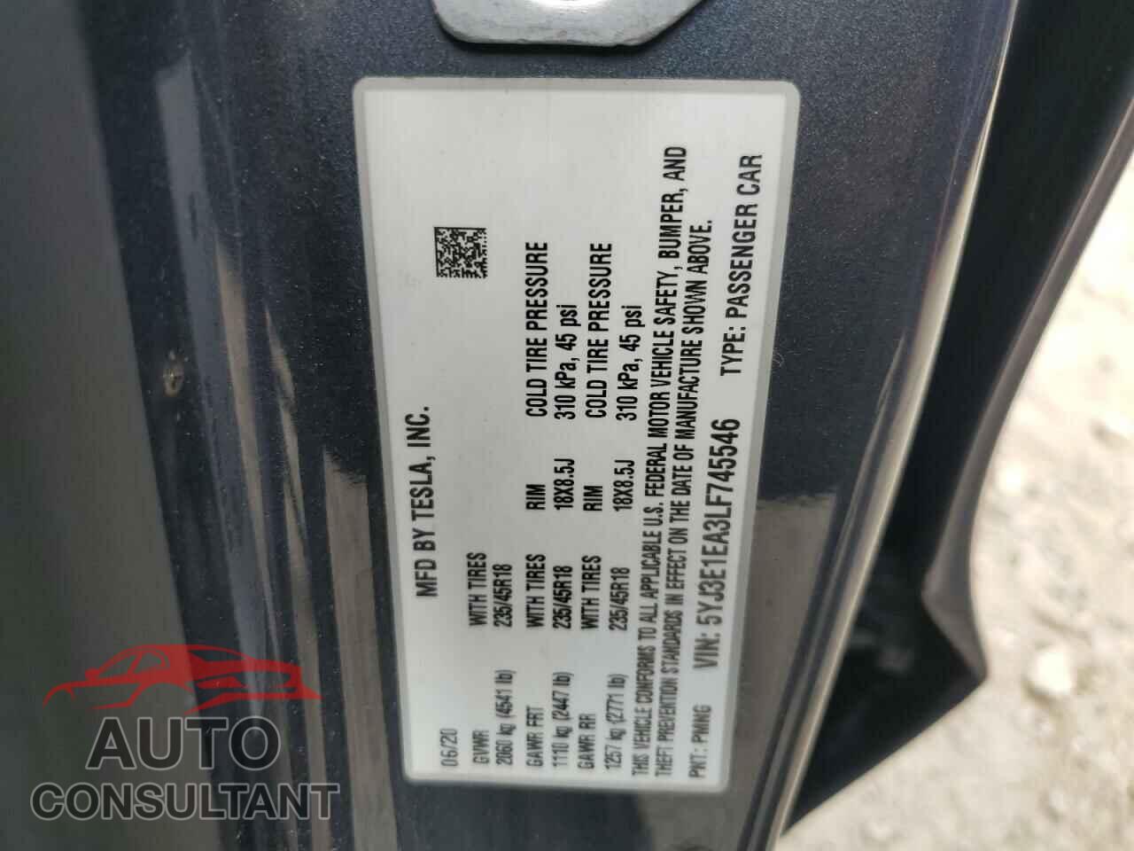 TESLA MODEL 3 2020 - 5YJ3E1EA3LF745546