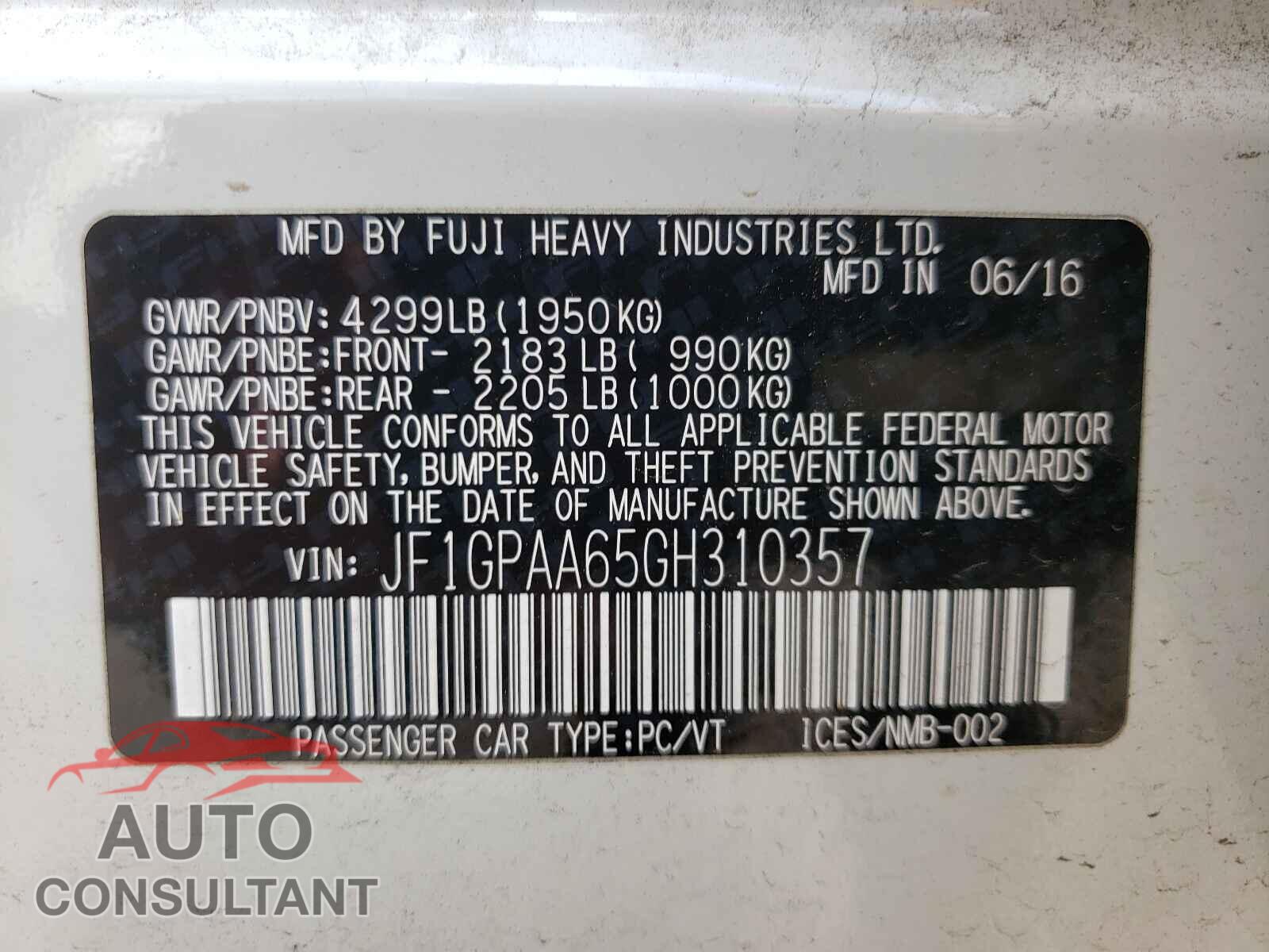SUBARU IMPREZA 2016 - JF1GPAA65GH310357