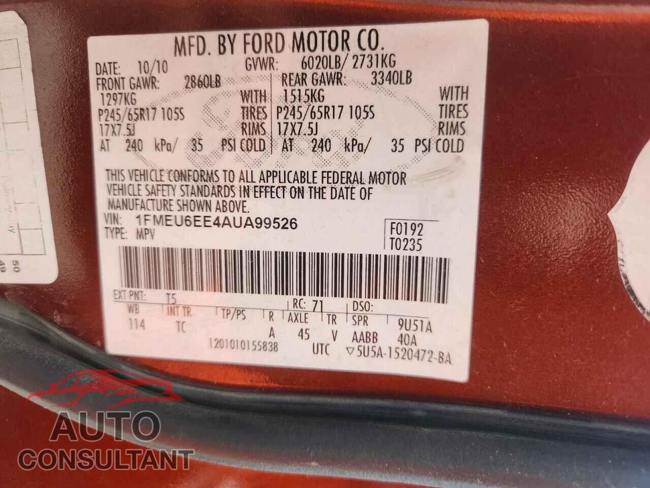 FORD EXPLORER 2010 - 1FMEU6EE4AUA99526