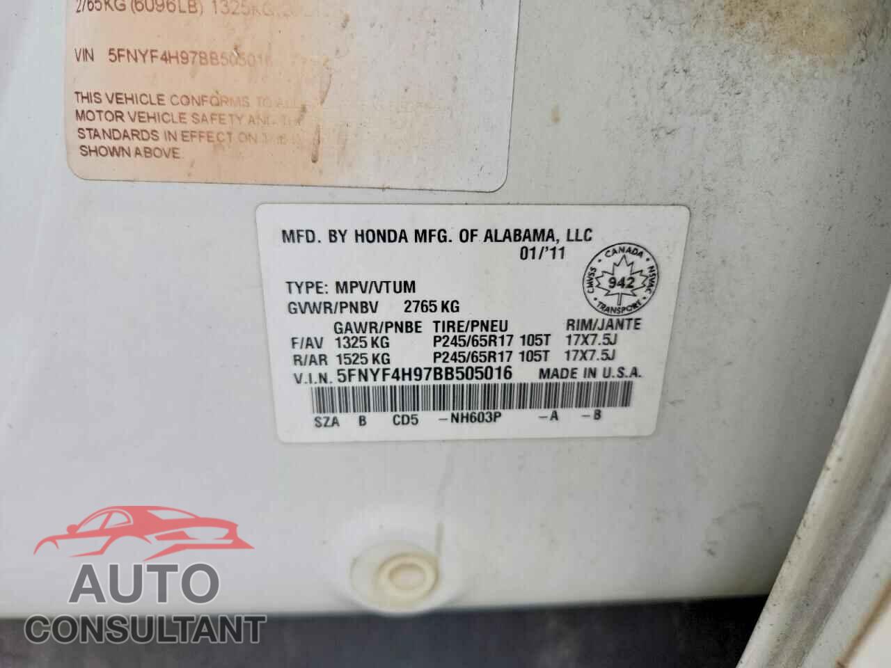 HONDA PILOT 2011 - 5FNYF4H97BB505016