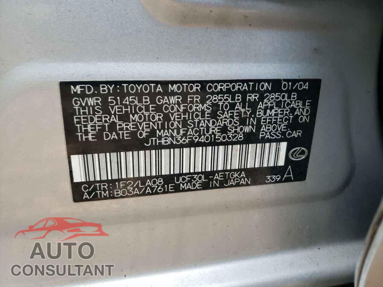 LEXUS LS430 2004 - JTHBN36F940150328