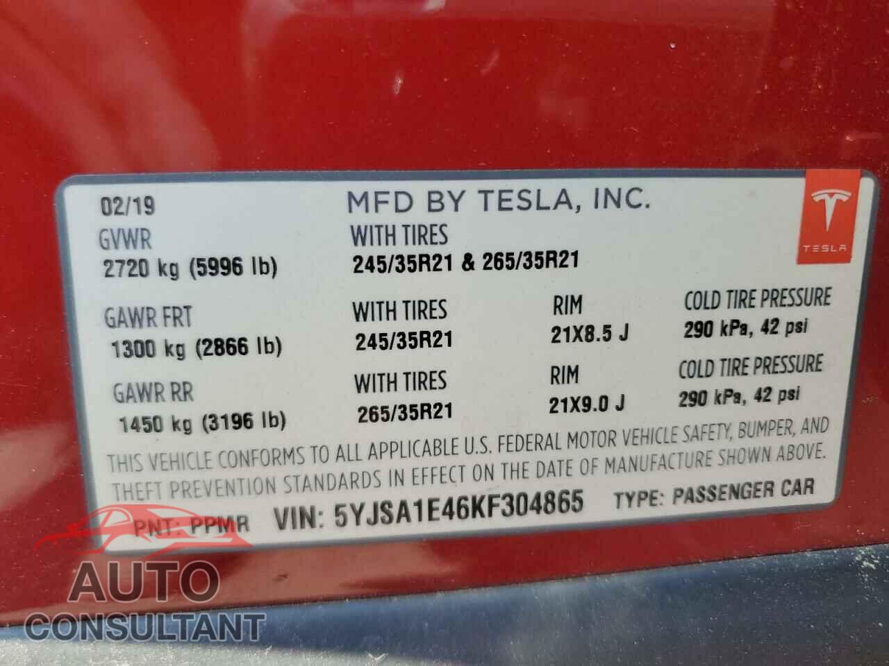 TESLA MODEL S 2019 - 5YJSA1E46KF304865
